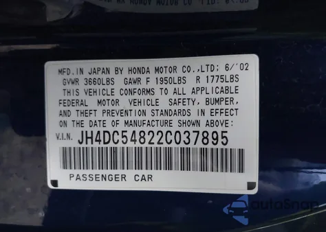 2002 Acura Rsx from USA, damaged, VIN JH4DC54822C037895